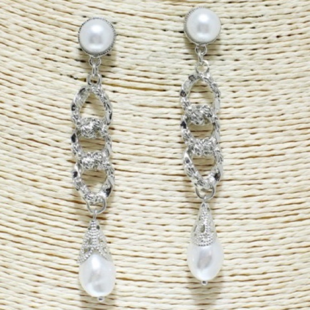 White & Silver Faux Pearl Dangle Earrings